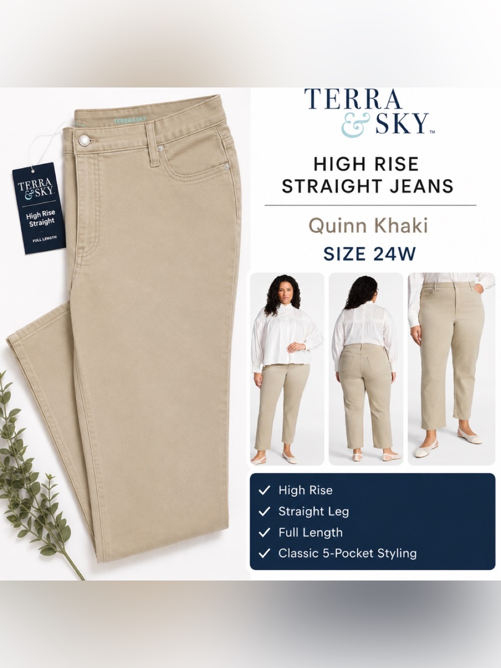 NWT Size 24W Plus Terra & Sky Quinn High-Rise Straight Jeans - Khaki